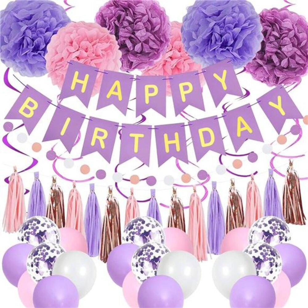 Purple Pink Birthday Party Decorations for Women Girls with HappyBirthday Banner